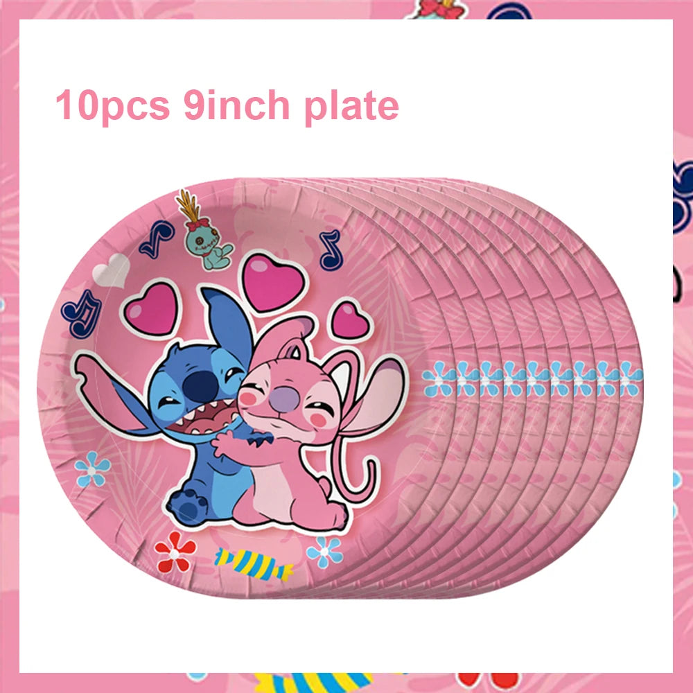 Disney Pink Lilo Stitch and Angel Birthday Party Decoration Lilo&Stitch Cups Plates Balloon Banner Bracelet Gift Favors