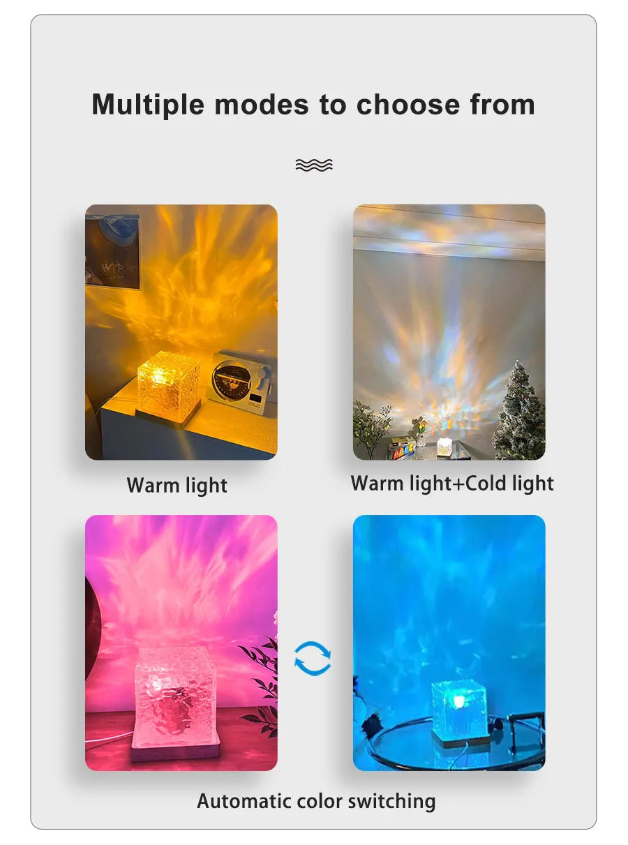 Dynamic Rotating Water Ripple Projector Night Light 16 Colors Flame Crystal Lamp for Living Room Study Bedroom Dynamic Rotating