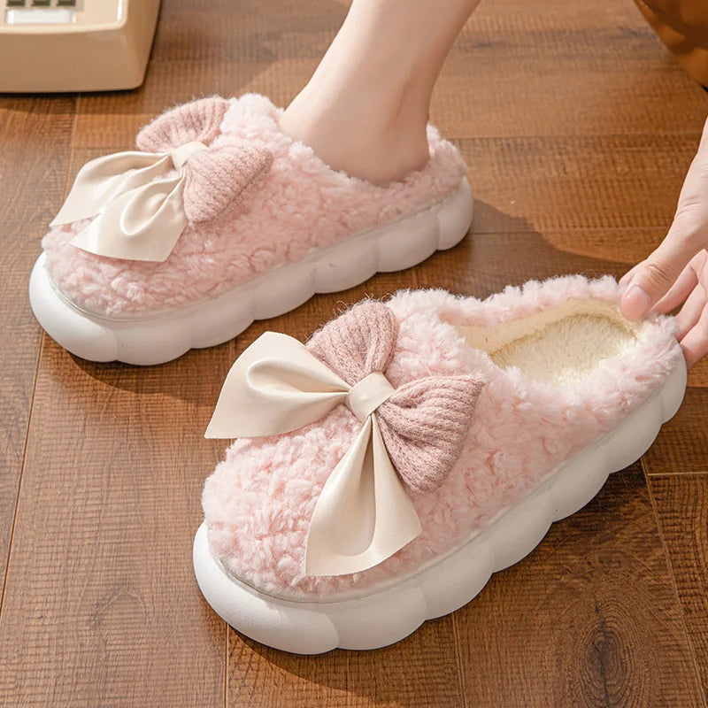 Cute bow House Non Slip Soft Shoes Plush Slippers