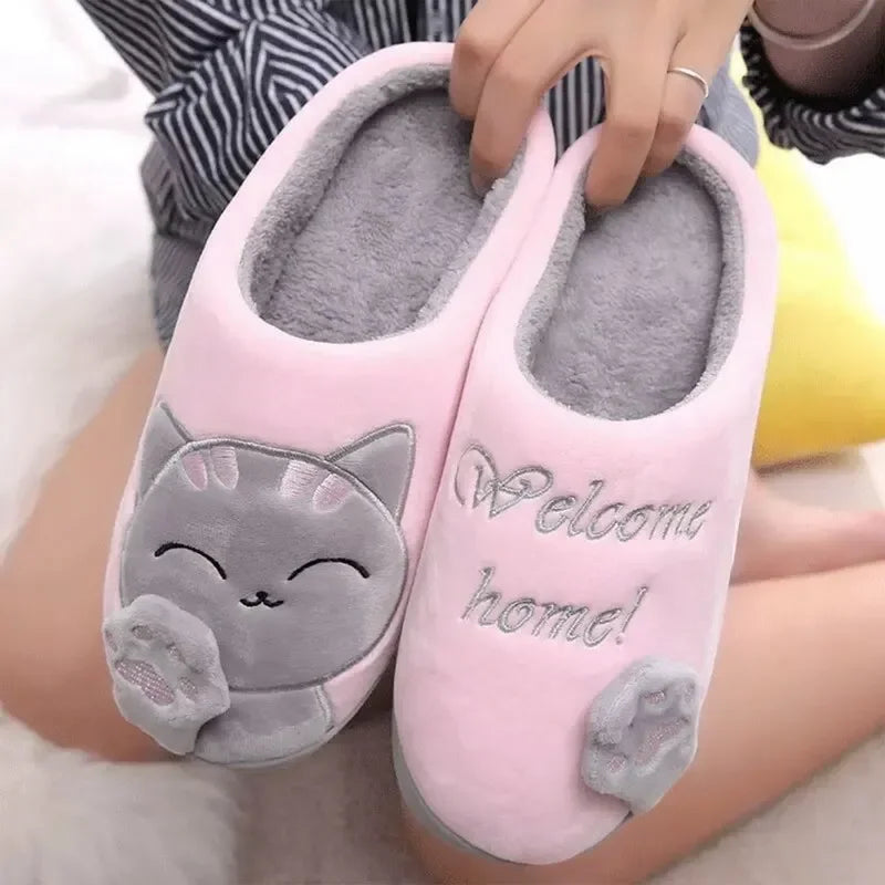 Women Cartoon Cat Shoes Furry Plush Slides Slippers