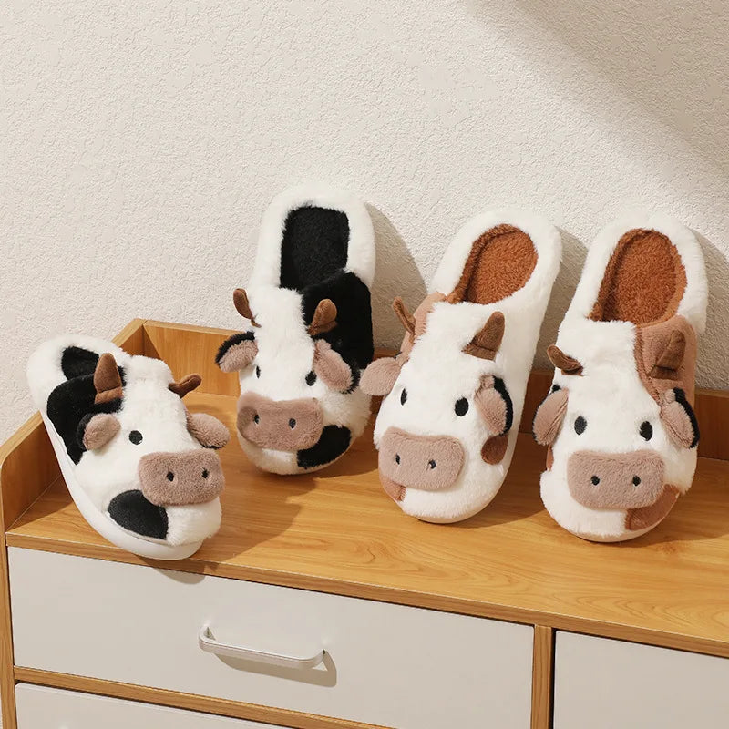Cute Cow Home Slippers Womens Warm Anti-slip Bedroom Plush Slides