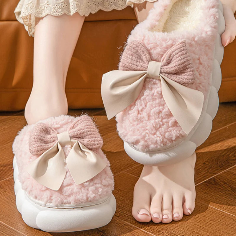 Cute bow House Non Slip Soft Shoes Plush Slippers