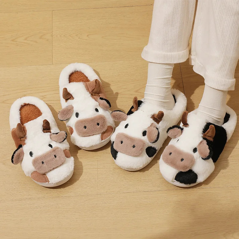 Cute Cow Home Slippers Womens Warm Anti-slip Bedroom Plush Slides
