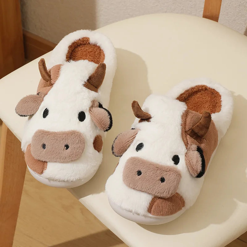 Cute Cow Home Slippers Womens Warm Anti-slip Bedroom Plush Slides