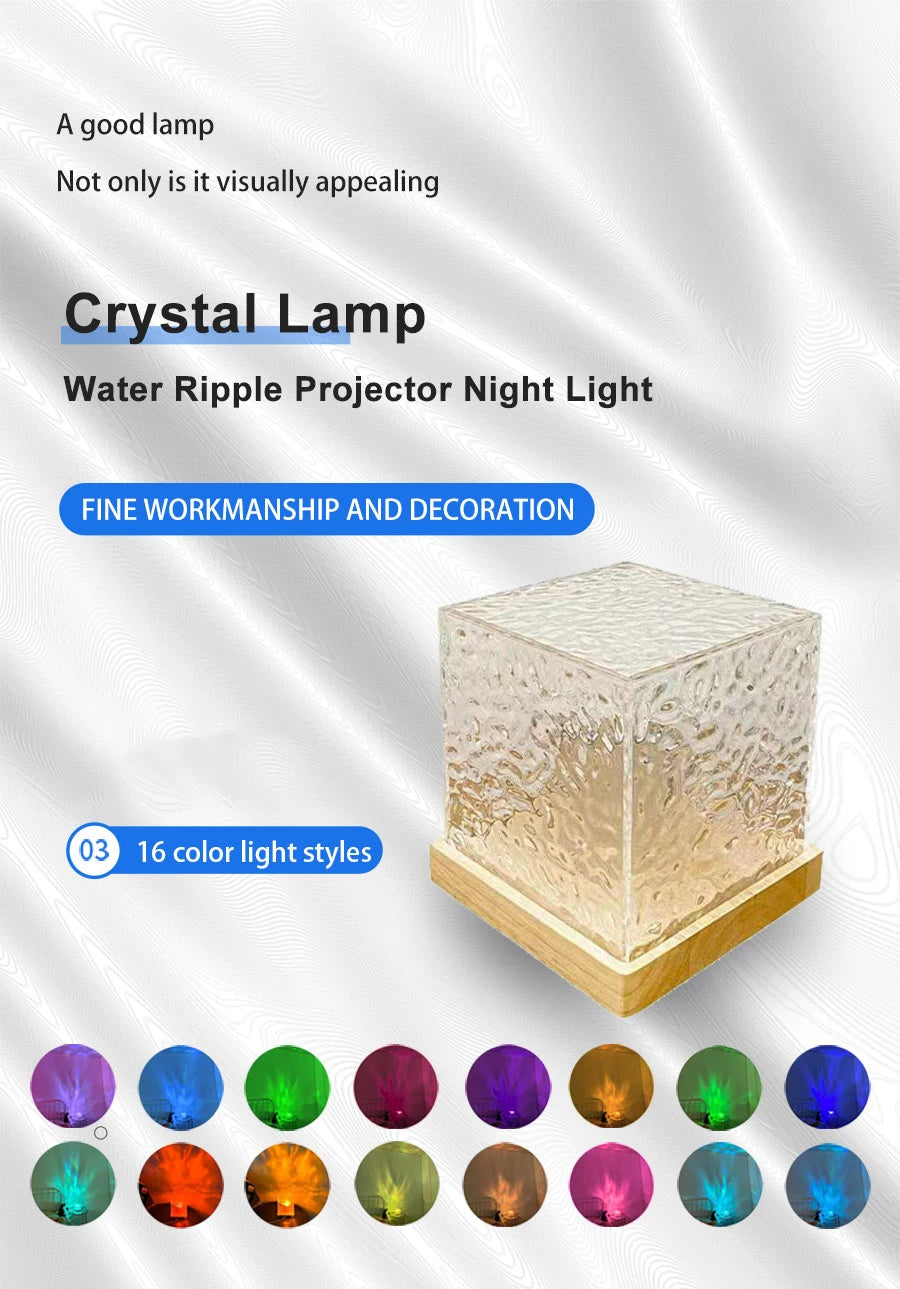 Dynamic Rotating Water Ripple Projector Night Light 16 Colors Flame Crystal Lamp for Living Room Study Bedroom Dynamic Rotating