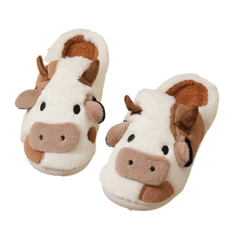 Cute Cow Home Slippers Womens Warm Anti-slip Bedroom Plush Slides