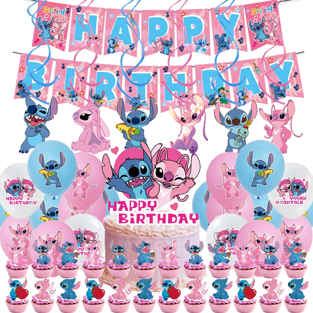 Disney Pink Lilo Stitch and Angel Birthday Party Decoration Lilo&Stitch Cups Plates Balloon Banner Bracelet Gift Favors