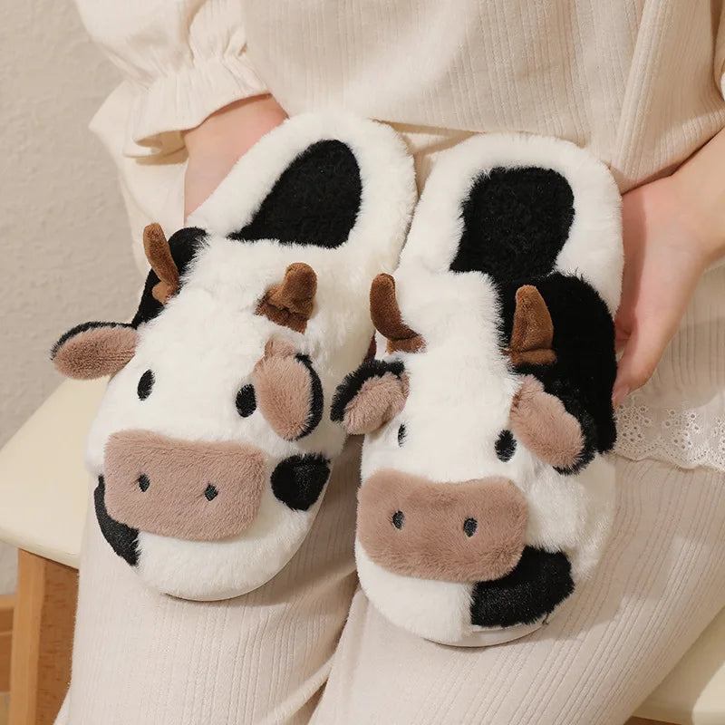 Cute Cow Home Slippers Womens Warm Anti-slip Bedroom Plush Slides
