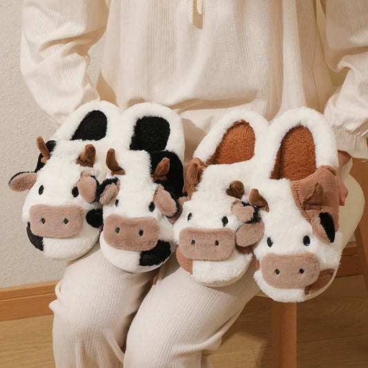 Cute Cow Home Slippers Womens Warm Anti-slip Bedroom Plush Slides