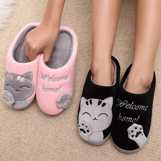 Women Cartoon Cat Shoes Furry Plush Slides Slippers