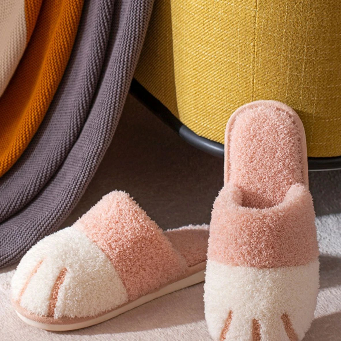 Cute Cat Paw Women Fur Slippers Indoor Fluffy Slides